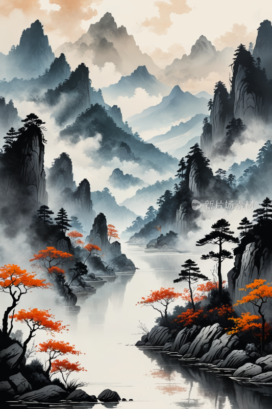 有树有水山地风景高清插画图片