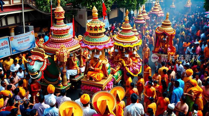 印度街头节日庆典色彩斑斓的游行队伍