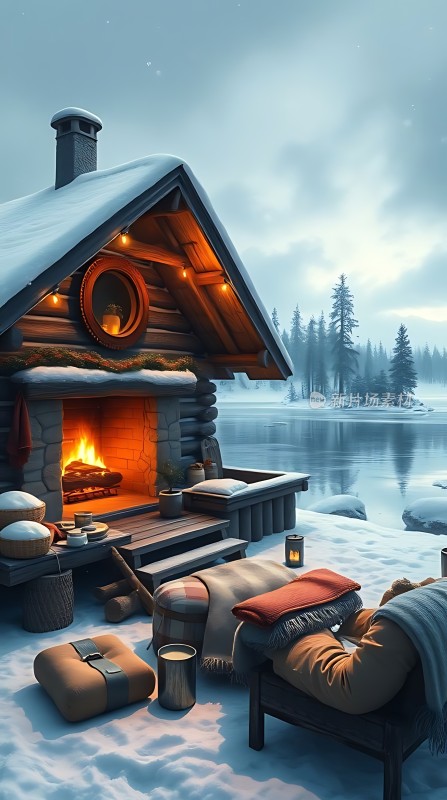 雪夜湖畔小木屋温馨 fireplace