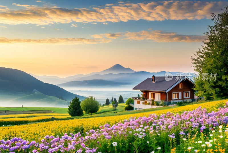 乡村房屋自然风景花朵