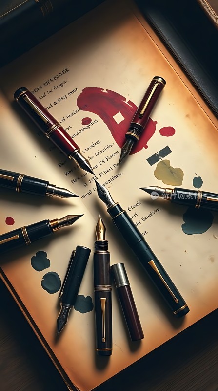 钢笔与墨迹的艺术构图