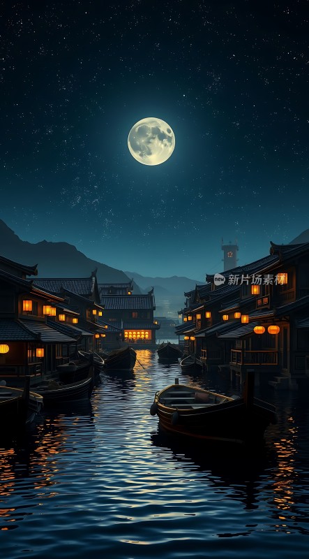 月下古街水乡夜色