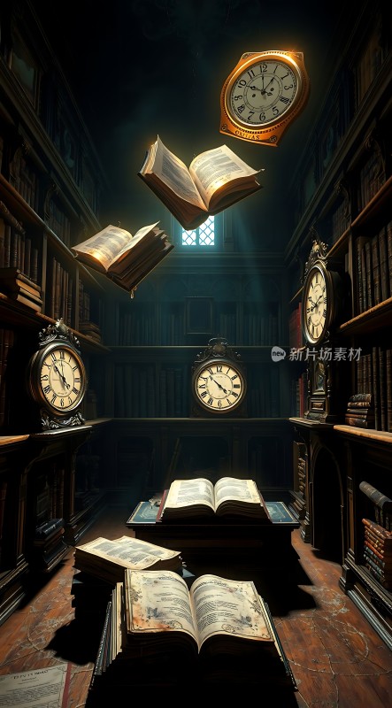 古旧书架上的悬浮时钟与书籍