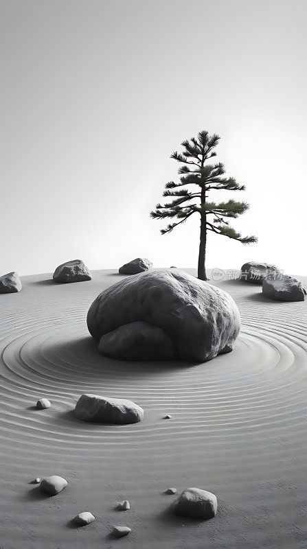 禅意石树静景图