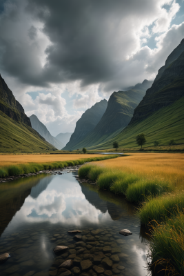 一条小溪流经山谷山脉高清风景图片