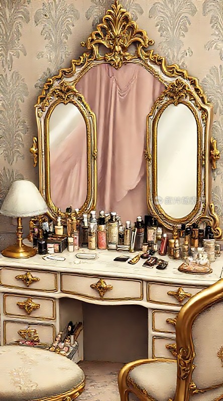 金色镜框梳妆台上的化妆品和灯饰