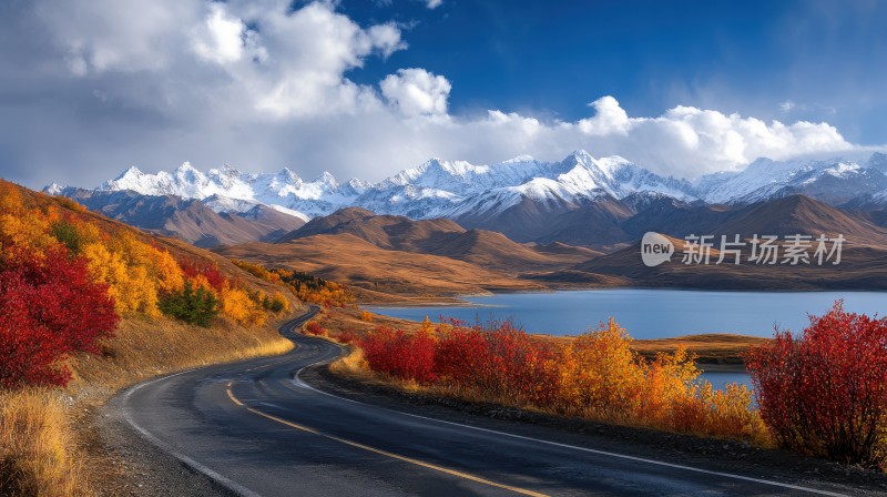 湖泊公路秋景秋色