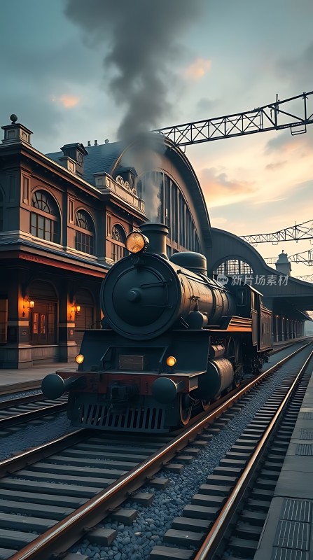 蒸汽火车驶入黄昏车站