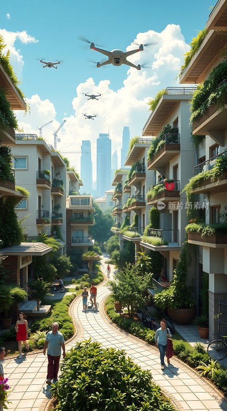 未来城市生活绿色生态社区与无人机共存