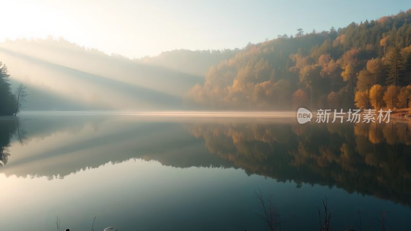 晨曦映照下的静谧湖面