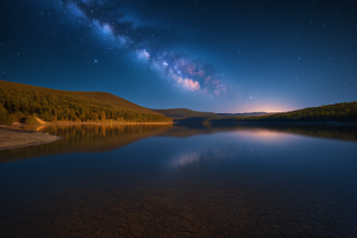 星空夜空笼罩着湖面湖面和树木图片