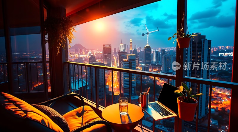城市夜景下的温馨阳台