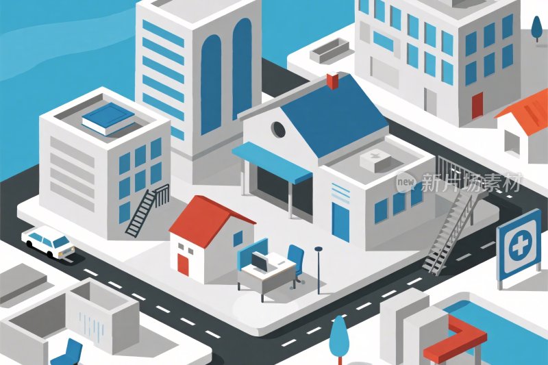 等距风格城市建筑插画