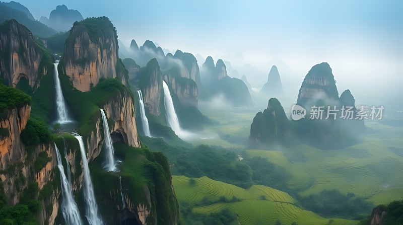 瀑布群与梯田风光