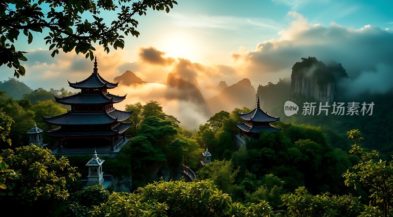 晨曦中的古塔与云海