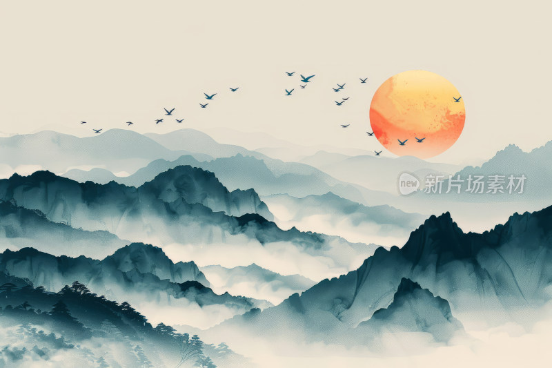 中国风雾中山脉与飞鸟