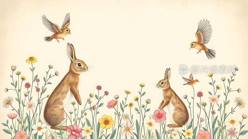 春日花丛中欢快的兔子和鸟儿