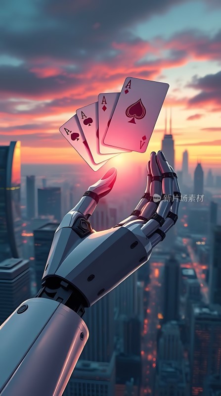 机器人手托四张A牌背景是城市黄昏景象