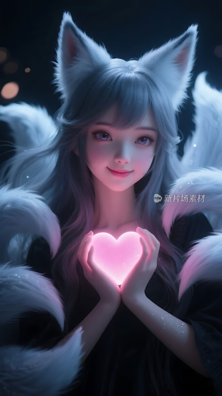 蓝发狐耳少女捧心