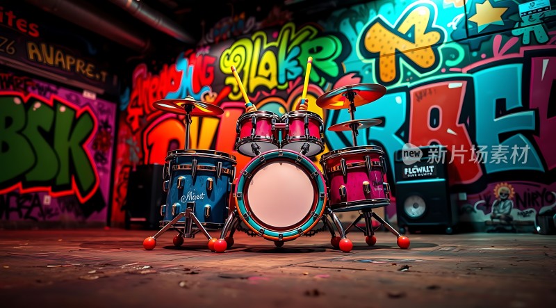 彩色架子鼓与涂鸦墙的艺术碰撞