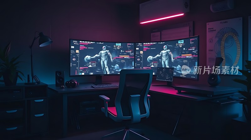 未来科技工作空间双屏游戏设置沉浸式体验