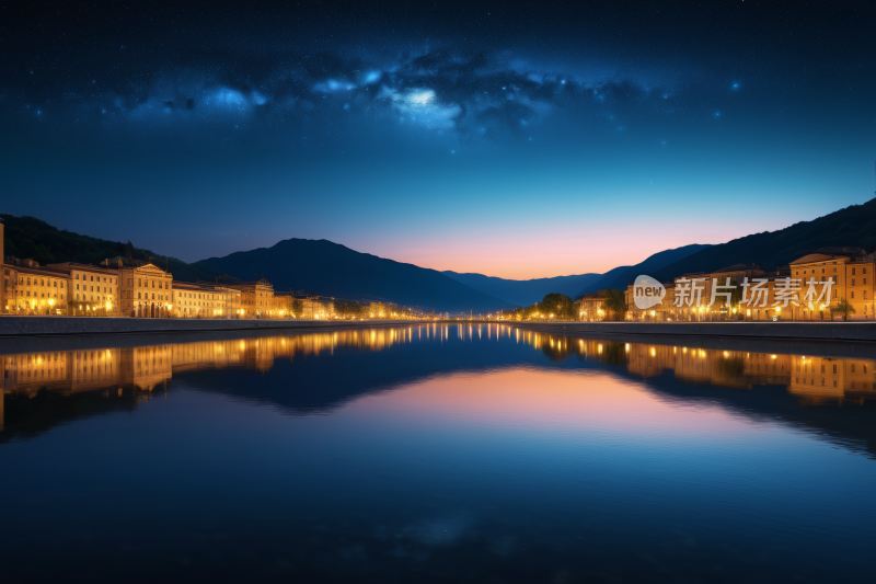 河流的夜间景色建筑物和山脉风景风光图片