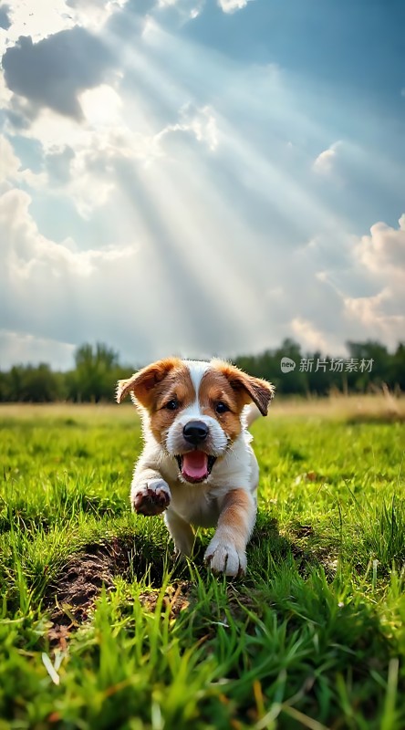 阳光下的快乐小狗在奔跑