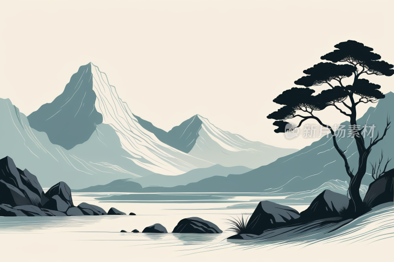 一个山湖的黑白插图高清背景图片