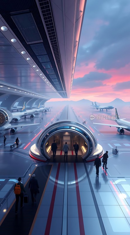 未来科技感机场旅客登机场景
