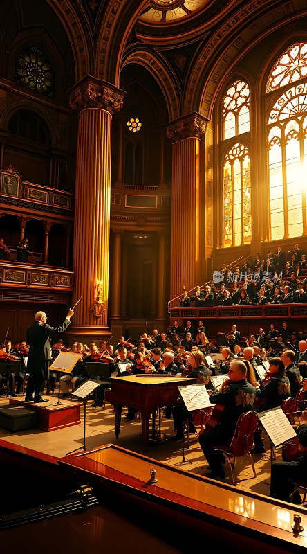 指挥家引领交响乐团华丽大厅中奏响乐章