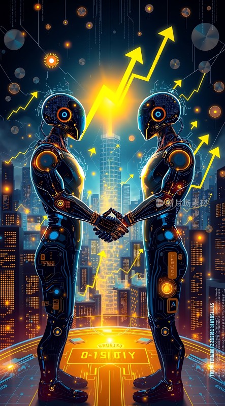 机器人握手科技城市背景未来感十足