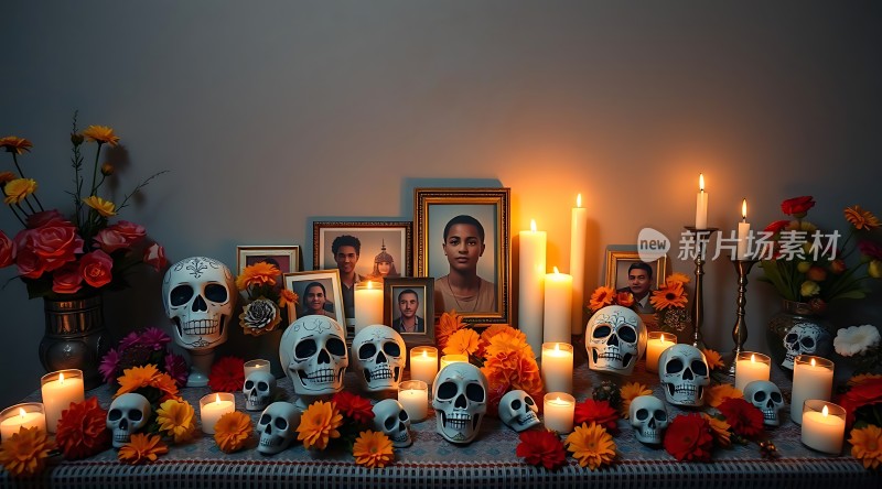 亡灵节祭坛骷髅与鲜花共舞