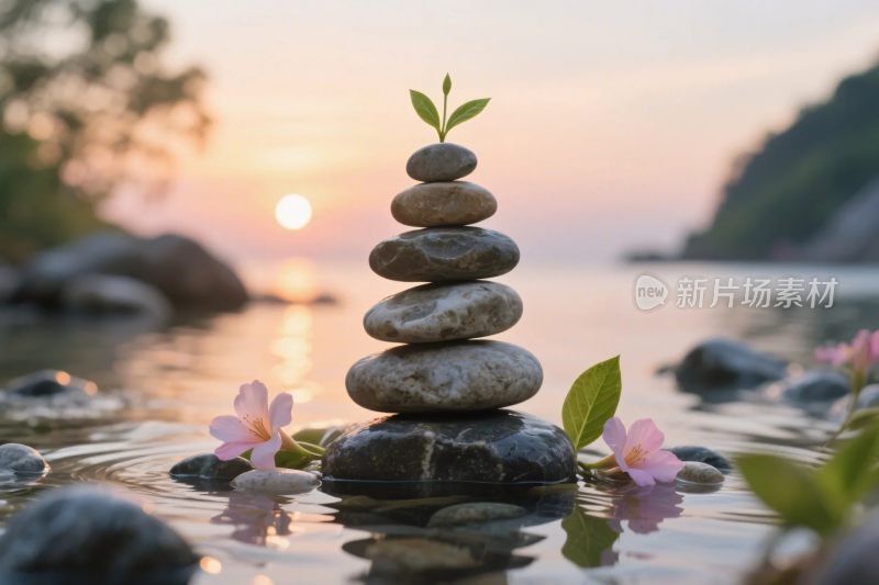 石堆花草水面自然