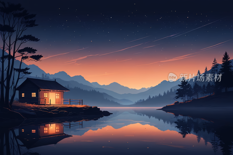 湖上小屋的夜景山脉高清插图片