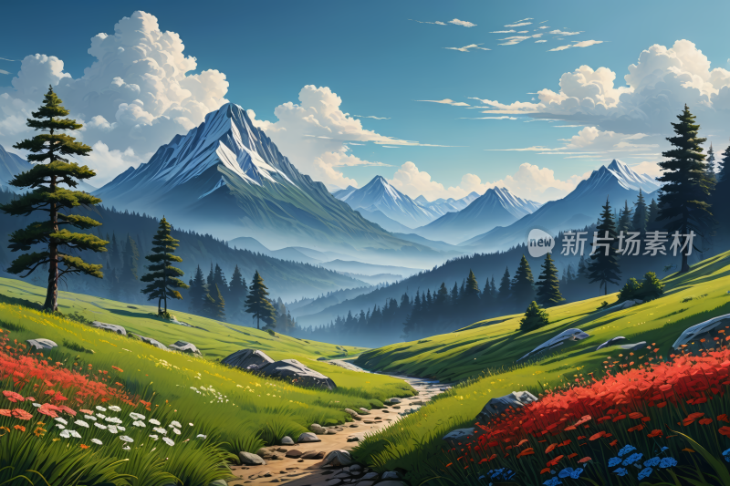 有通往山谷的小路山景高清风景插画图片