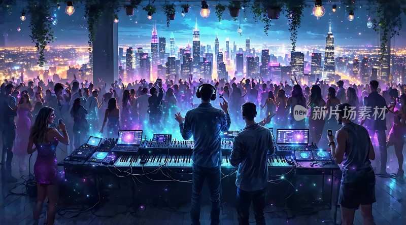 夜幕下的派对现场DJ与观众共舞城市夜景璀璨夺目