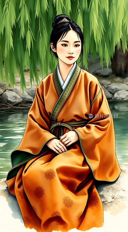 汉服佳人柳下静思