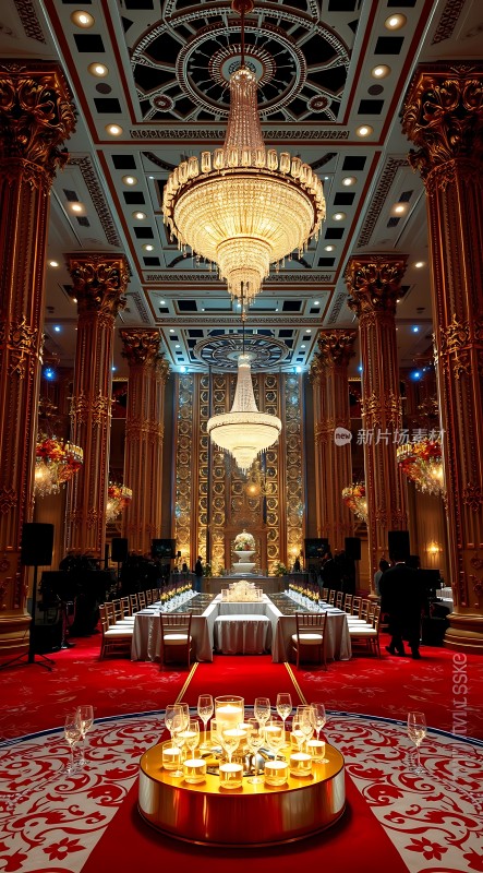 豪华宴会厅金碧辉煌红毯铺地水晶吊灯璀璨夺目