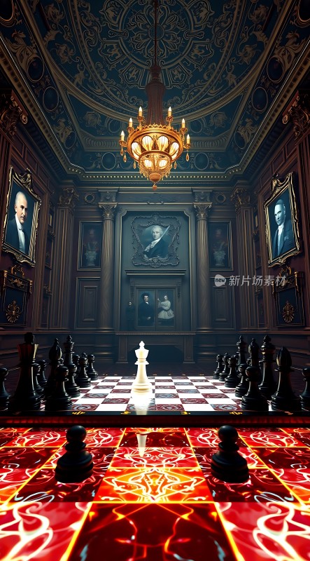 棋局对弈红黑对抗华丽大厅光影交错