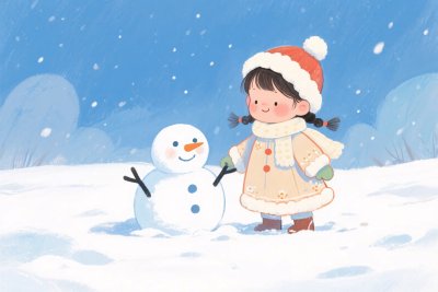 卡通女孩堆雪人插画