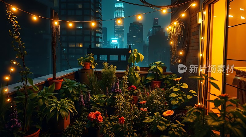 城市夜景下的温馨阳台花园