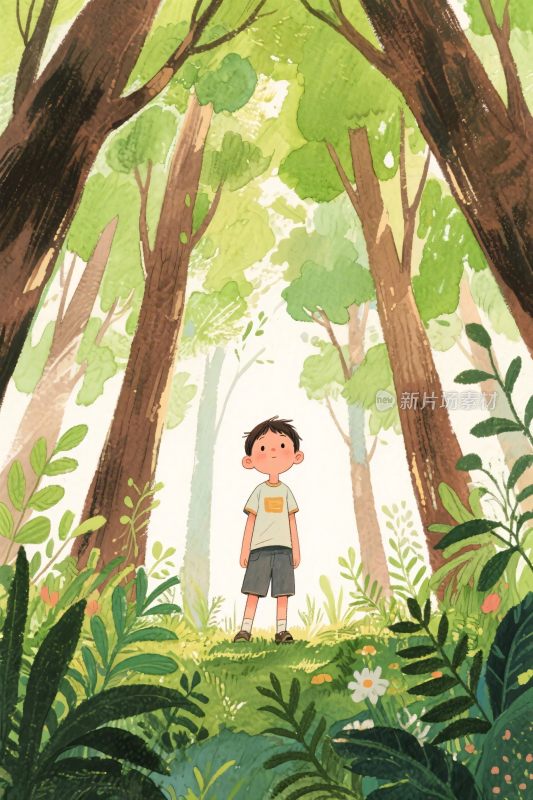 森林中的小孩插画
