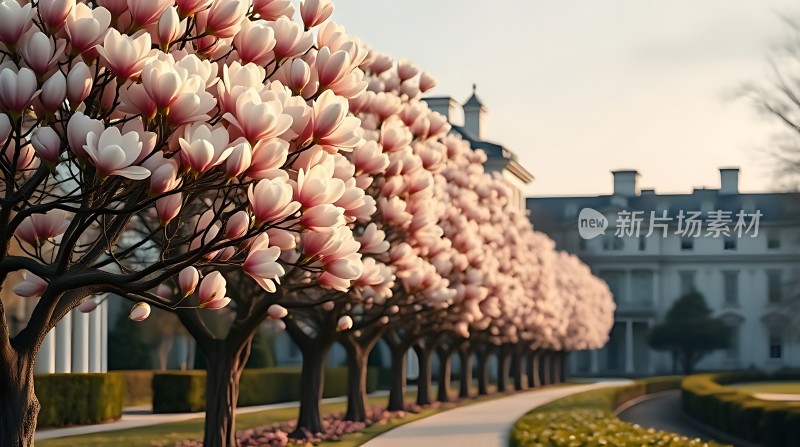 白宫前粉色花朵盛开春意盎然