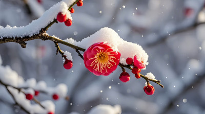 大雪节气红梅傲雪绽放冬日中国风景图