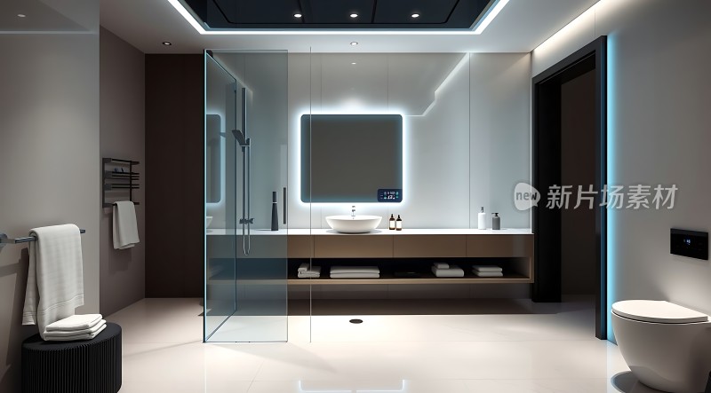 现代浴室设计简约风格玻璃淋浴房白色洗手台黑色马桶