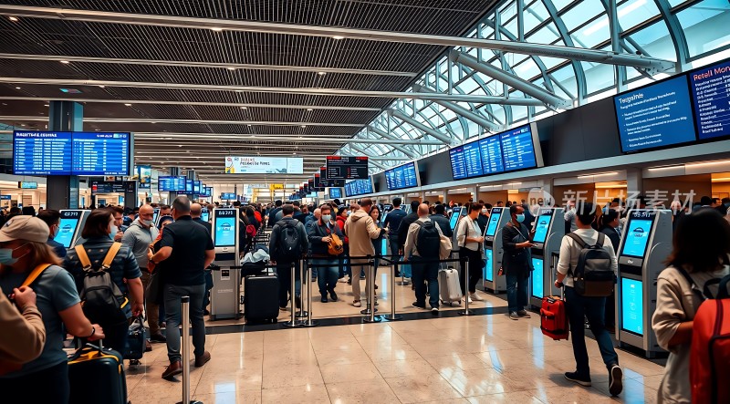 机场候机大厅人潮涌动旅客排队办理登机手续
