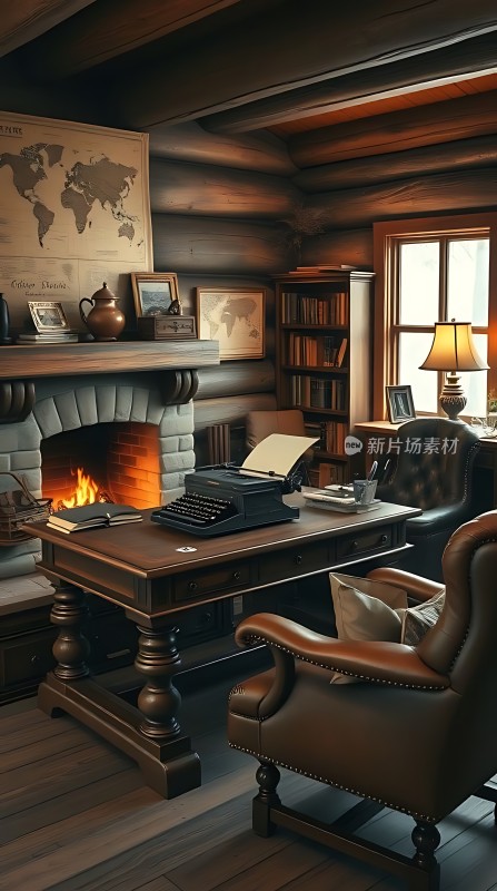 复古书房木质家具与壁炉营造温馨氛围