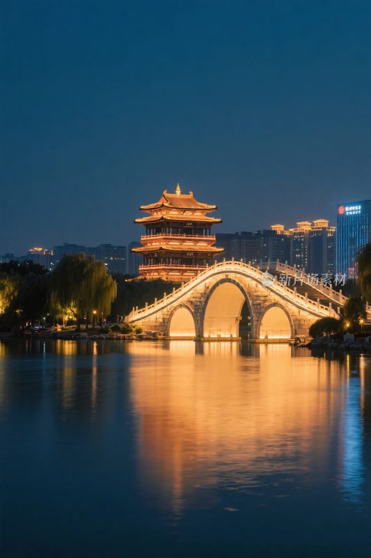 古塔古桥夜景水景