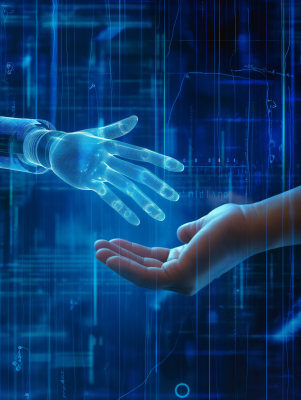 人工智能机器人手指触摸人类手指