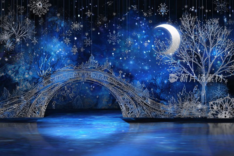 梦幻蓝色月夜桥景插画